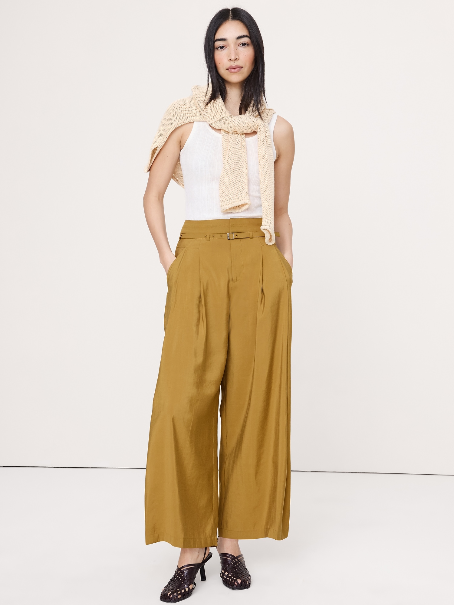 Image number 1 showing, Pleated Wide-Leg Cropped Pant in Luster Twill