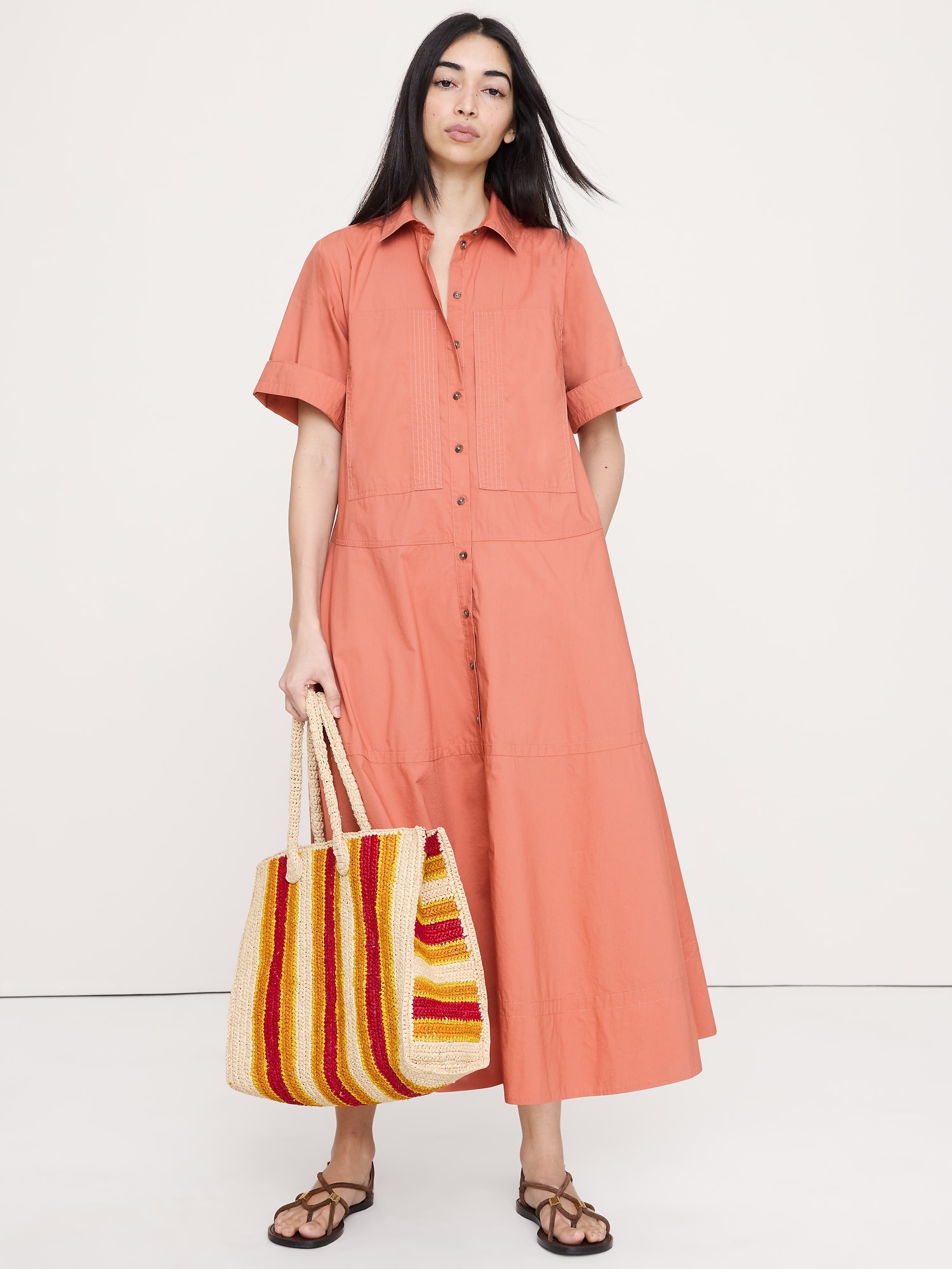 Cotton Poplin Trapeze Maxi Shirt Dress