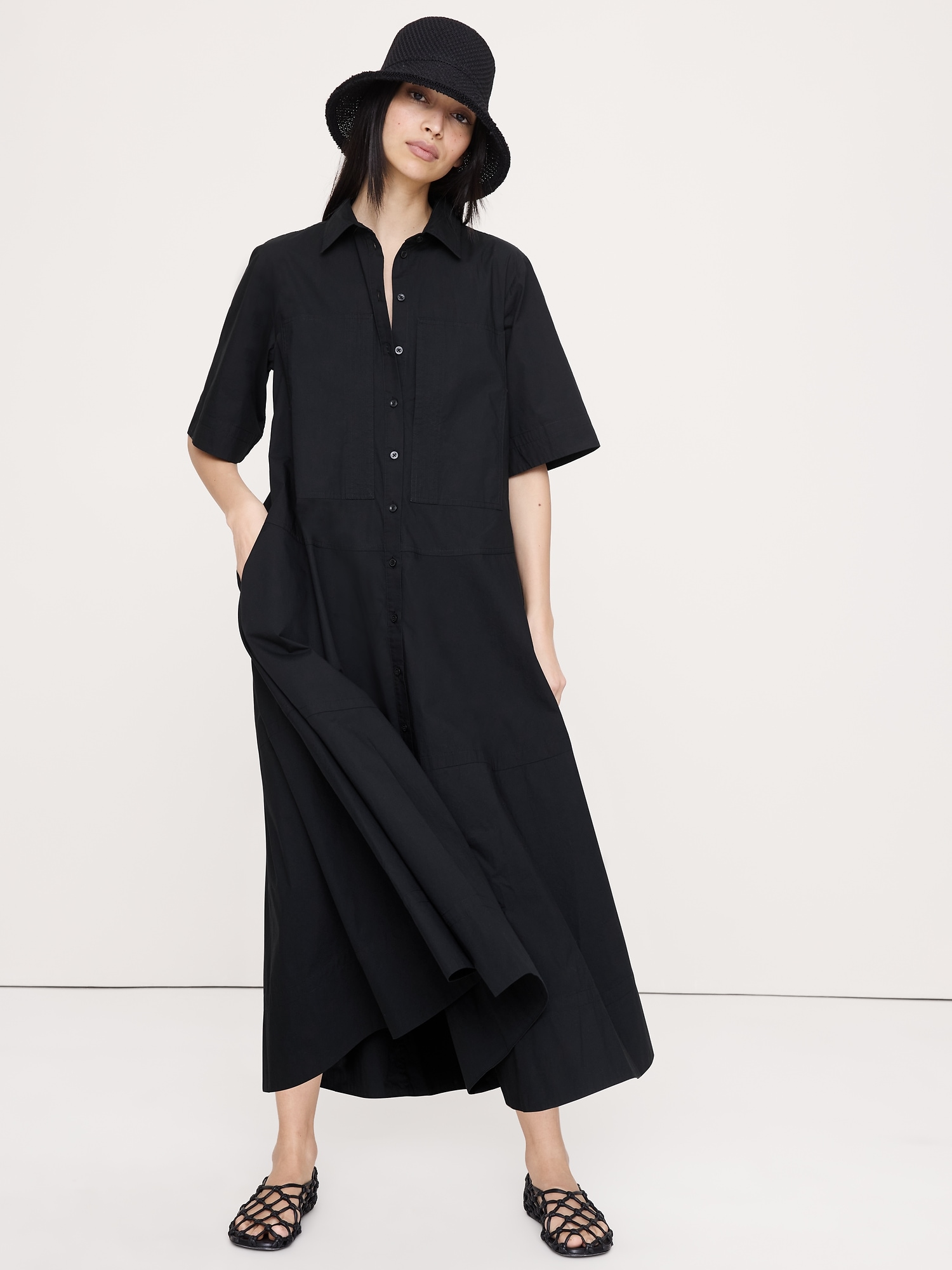 Cotton Poplin Trapeze Maxi Shirt Dress