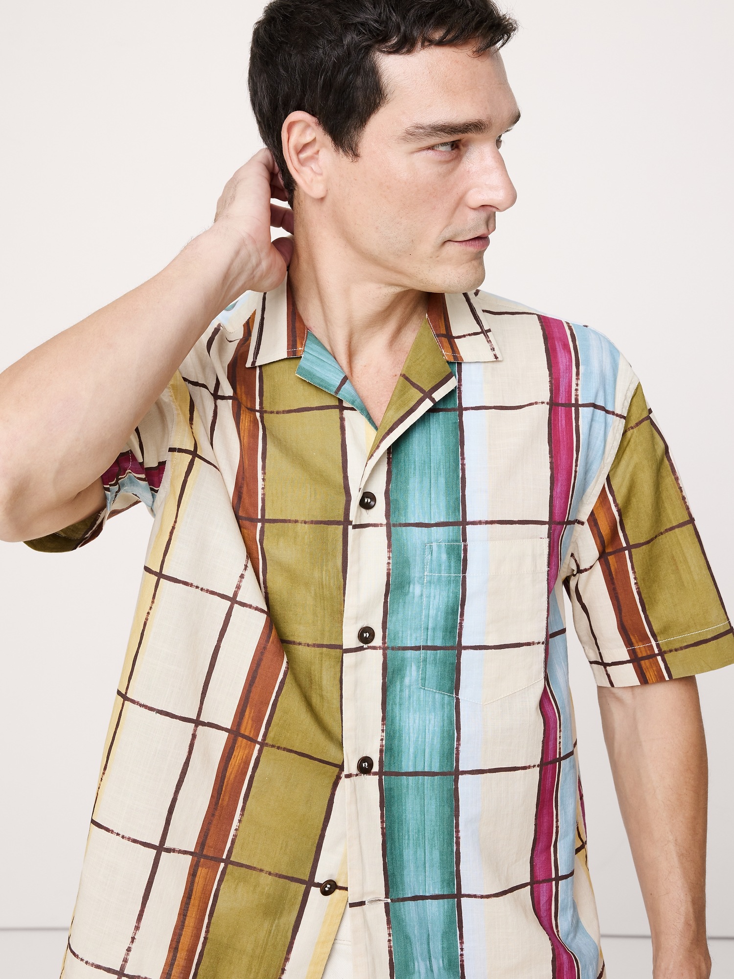 Мужская рубашка Banana Republic Relaxed-Fit Slub Cotton Resort, цвет: Разноцветный клетчатый — фото 3