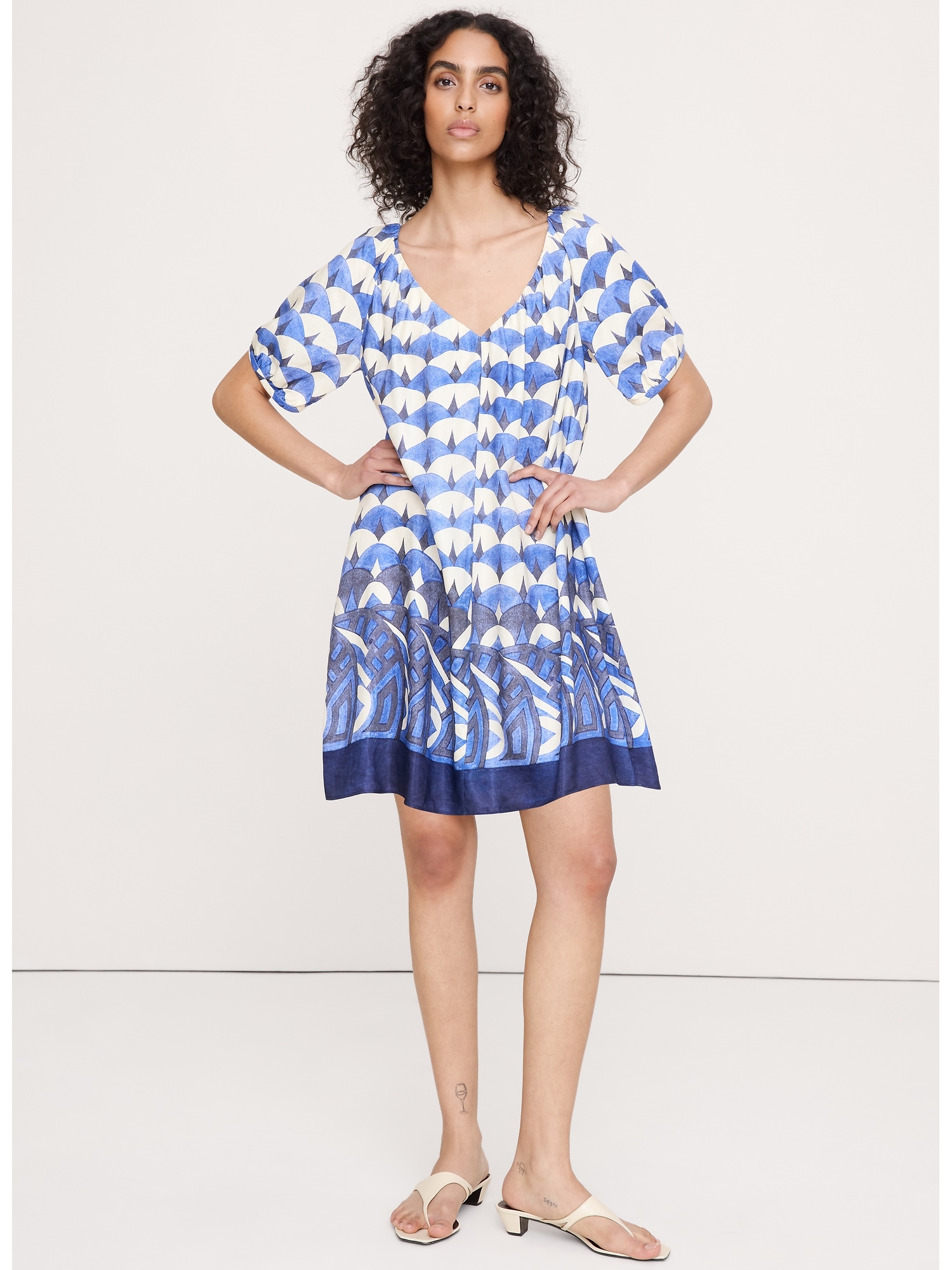 Viscose-Linen Puff-Sleeve Mini Dress