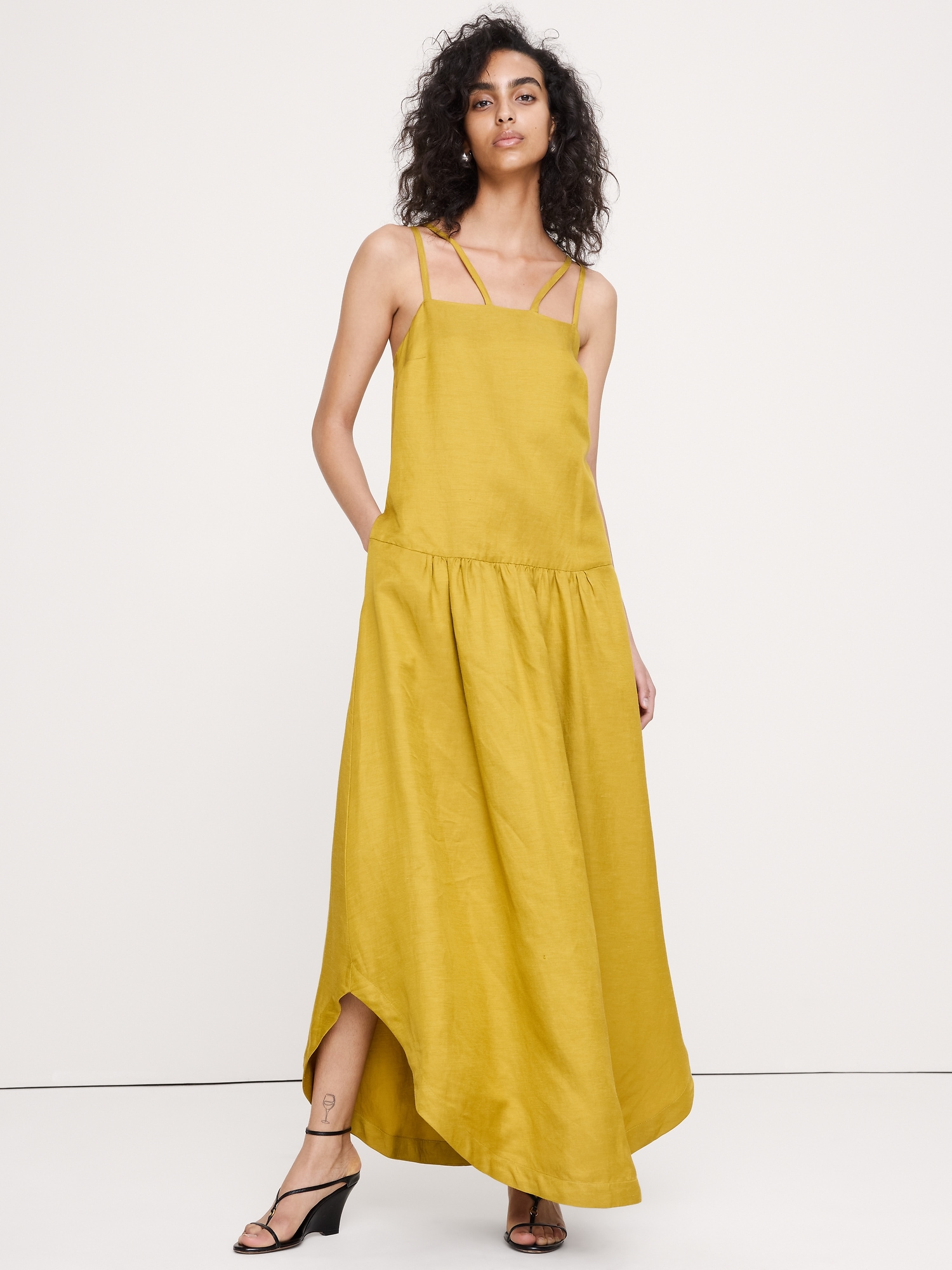 Image number 1 showing, Viscose-Linen Drop-Waist Maxi Dress