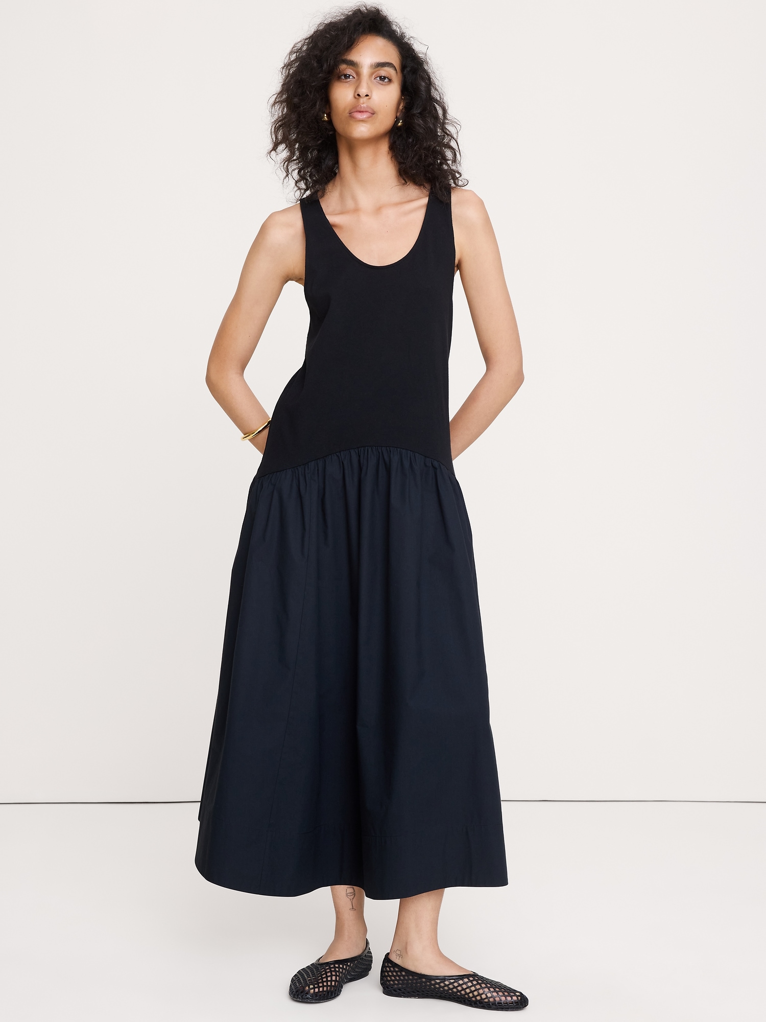 Image number 1 showing, Cotton Poplin + Jersey Midi Dress