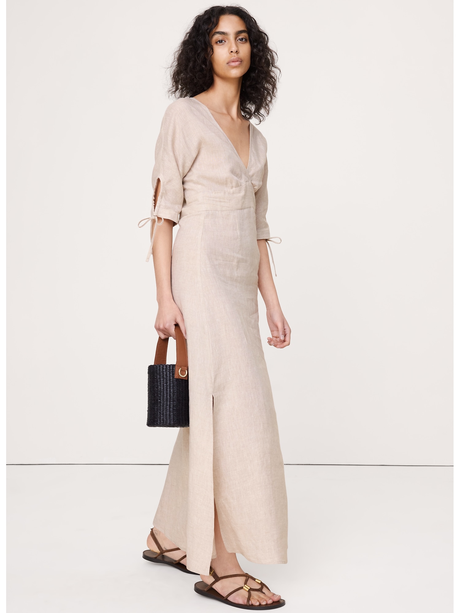 Image number 1 showing, Linen Tie-Sleeve Midi Dress
