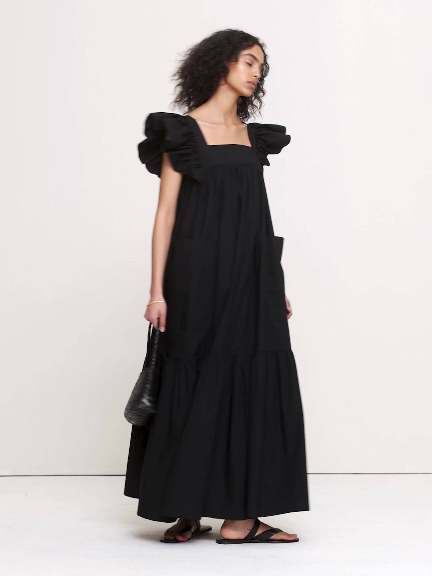 Женское платье Banana Republic Cotton Poplin Flounce Maxi, цвет: Чёрный — фото 5