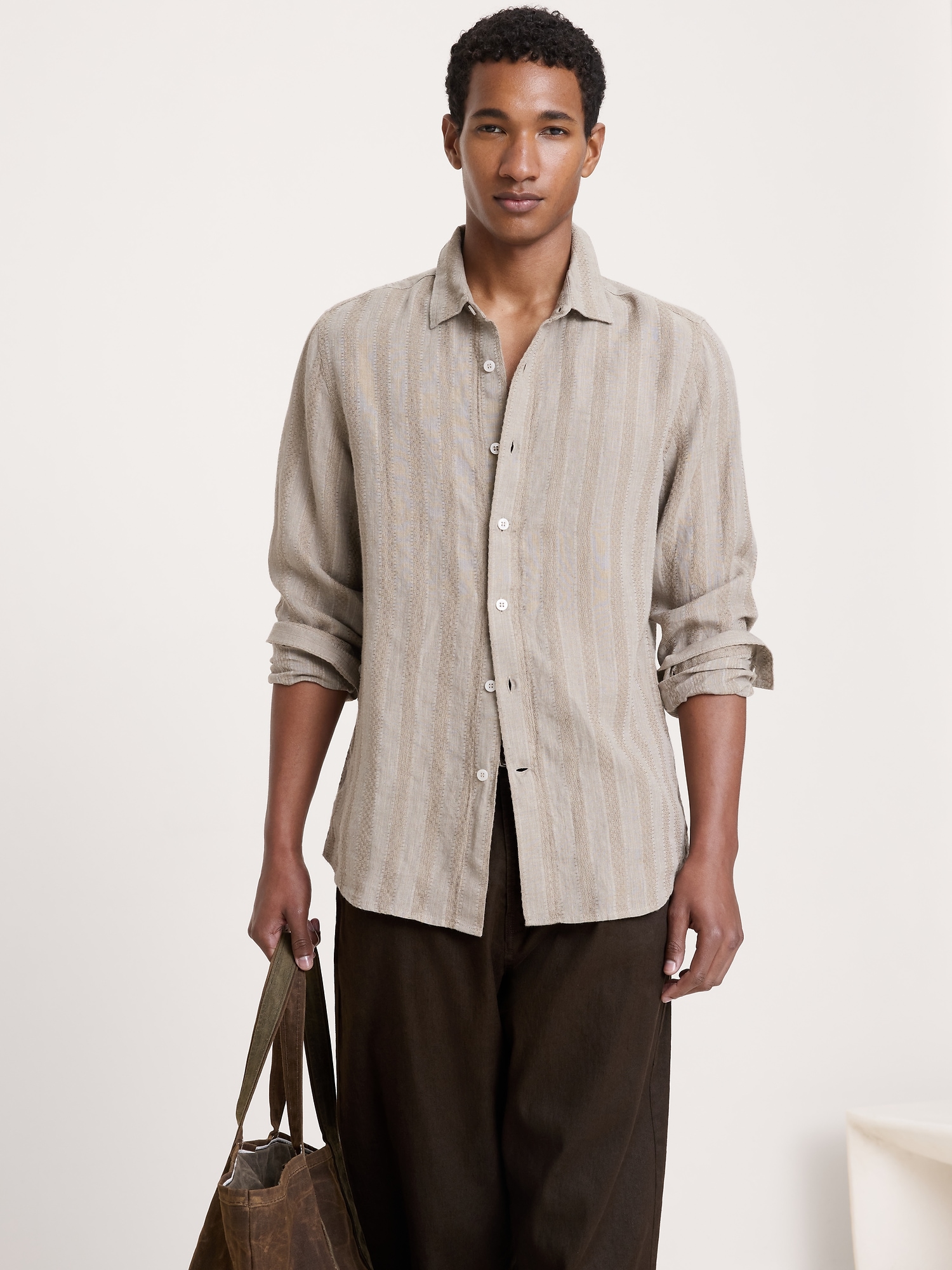 Image number 1 showing, Standard-Fit Textured Linen-Cotton Shirt