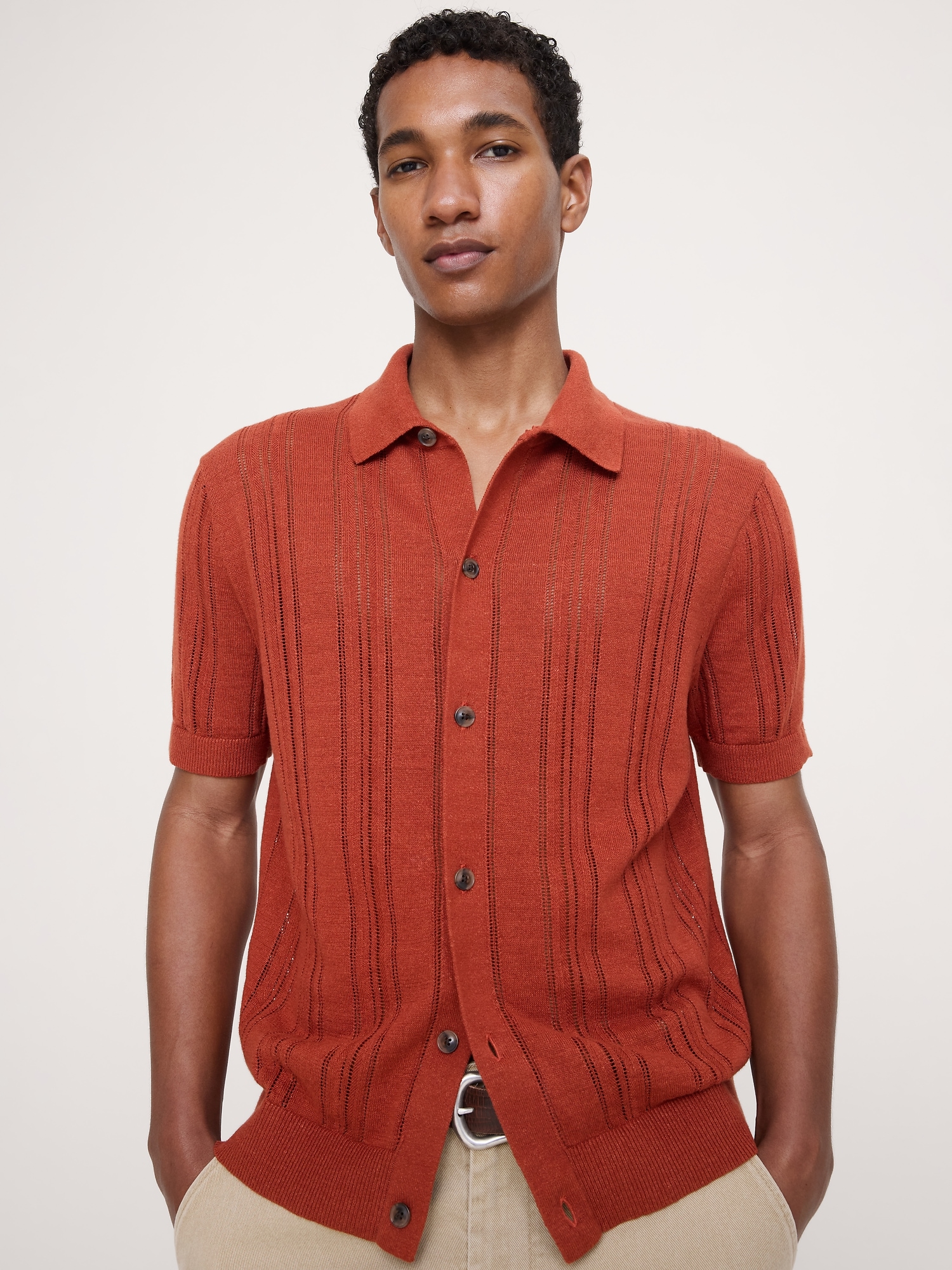 Image number 1 showing, Pointelle Linen-Cotton Polo Cardigan