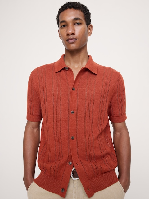 Linen-Cotton Textured Polo Cardigan