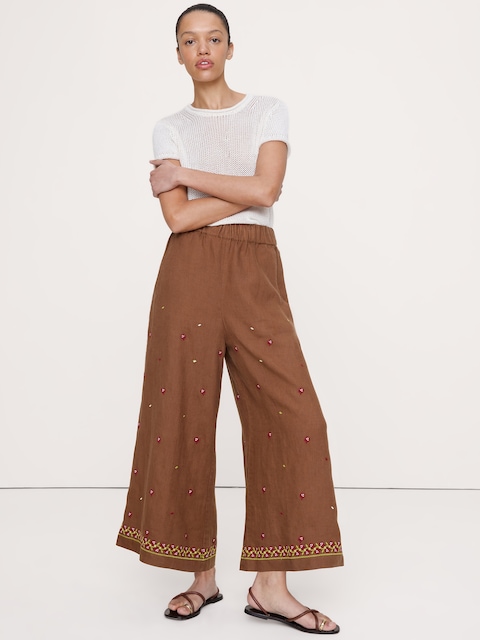 The Pull-On Wide-Leg Ankle Pant in Embroidered Linen