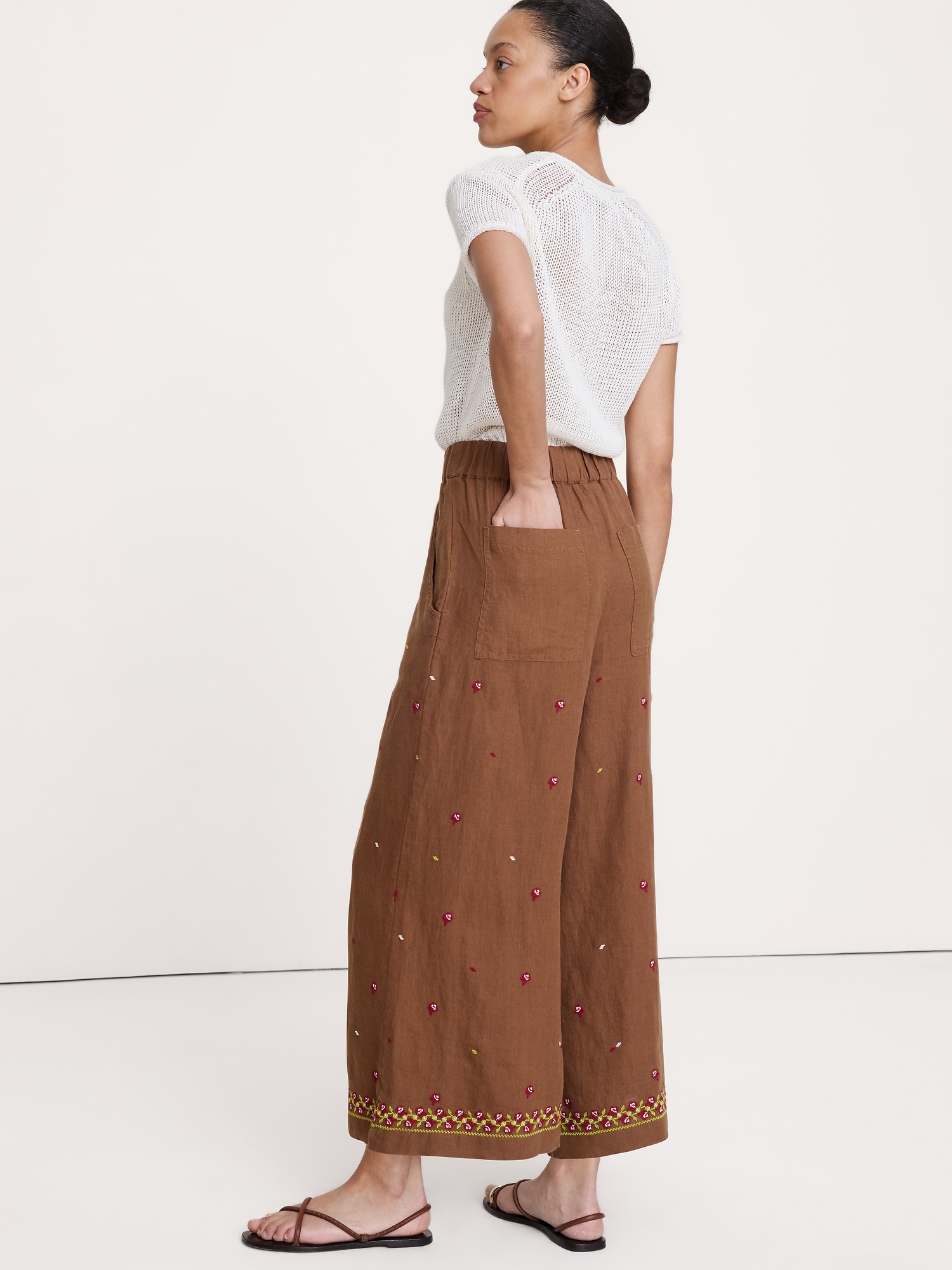 Женские брюки Banana Republic The Pull-On Wide-Leg Ankle Pant in Embroidered Linen, цвет: Красный с принтом — фото 2
