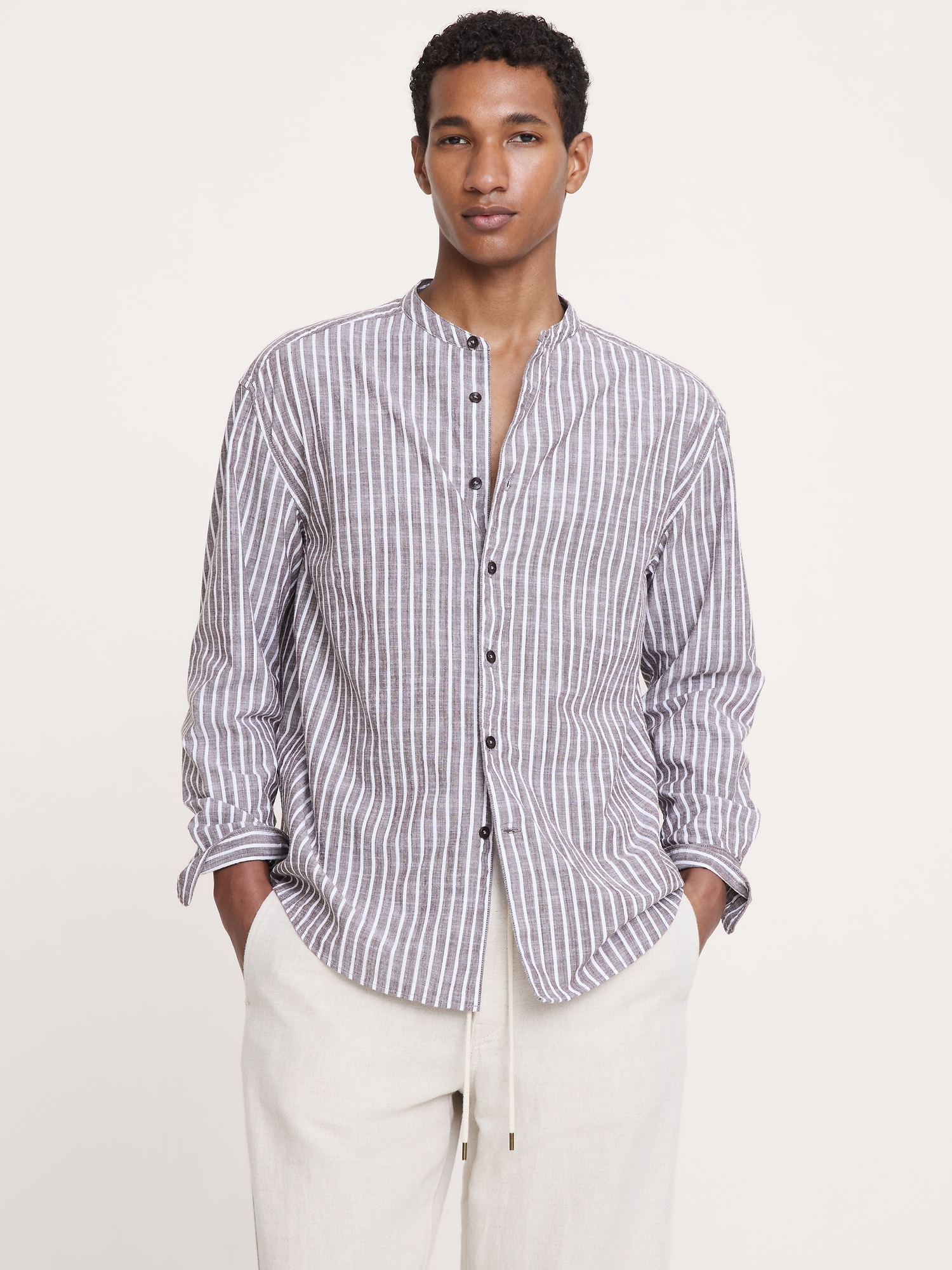 Image number 1 showing, Relaxed-Fit Cotton-Slub Banded-Collar Shirt