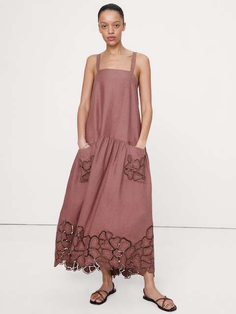 Embroidered Linen Drop-Waist Maxi Dress - Mauve
