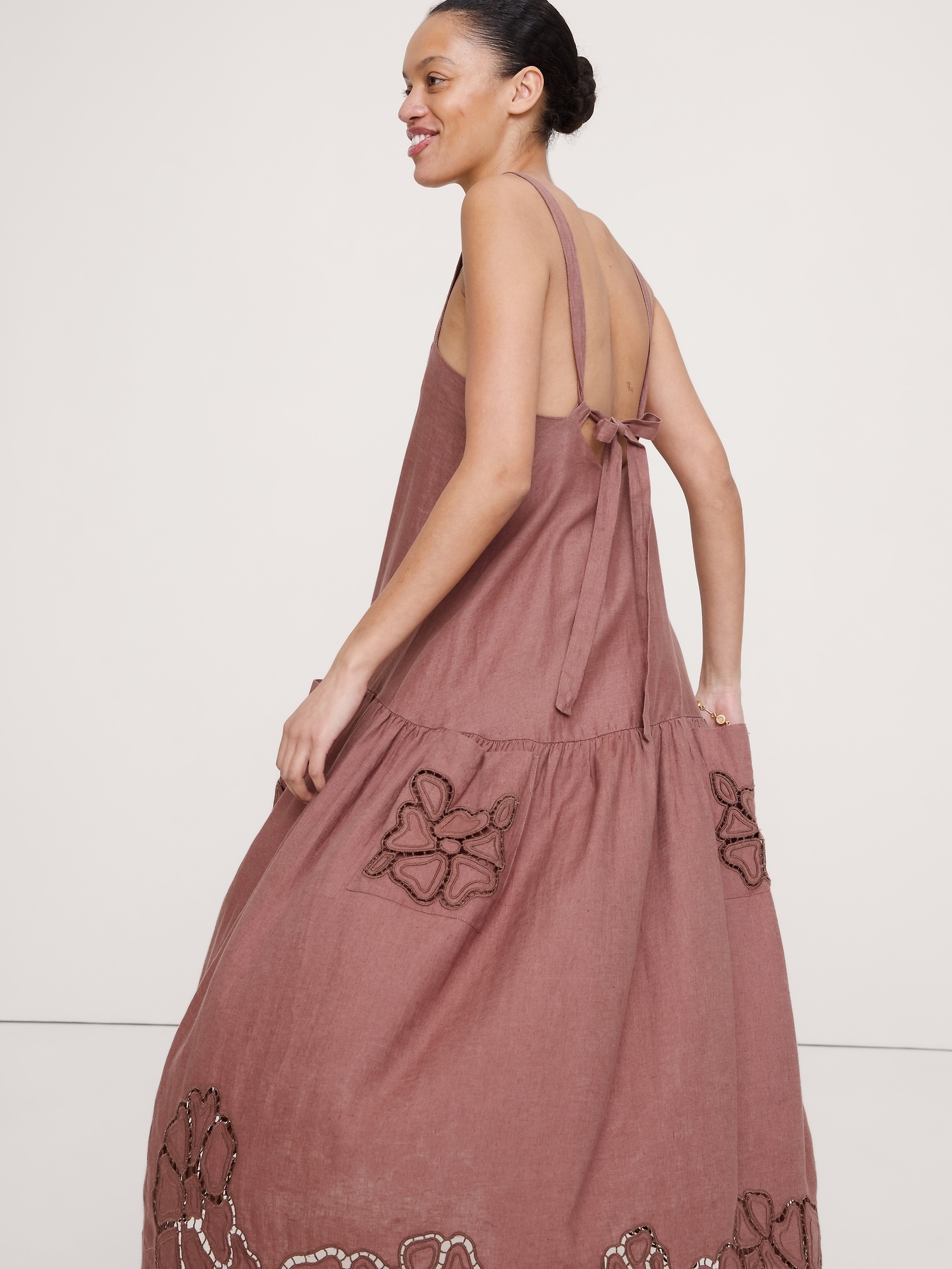 Image number 3 showing, Embroidered Linen Drop-Waist Maxi Dress