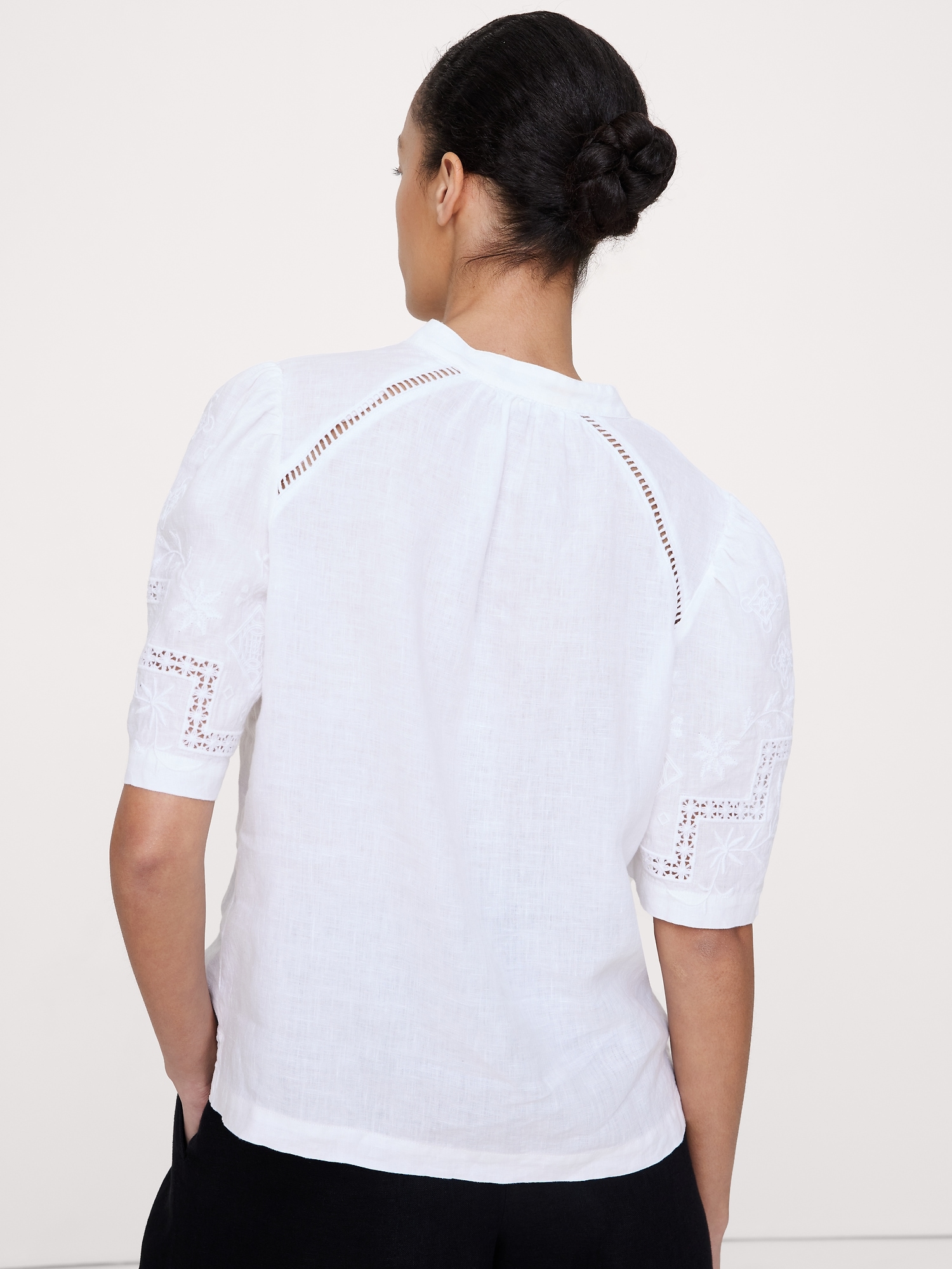 Image number 2 showing, Embroidered Linen Puff-Sleeve Top