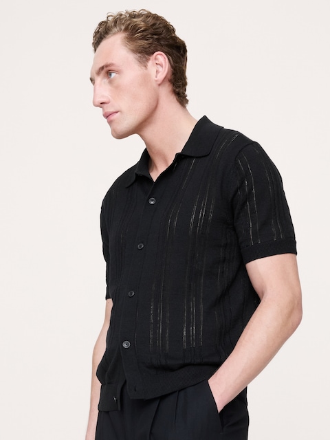 Linen-Cotton Textured Polo Cardigan