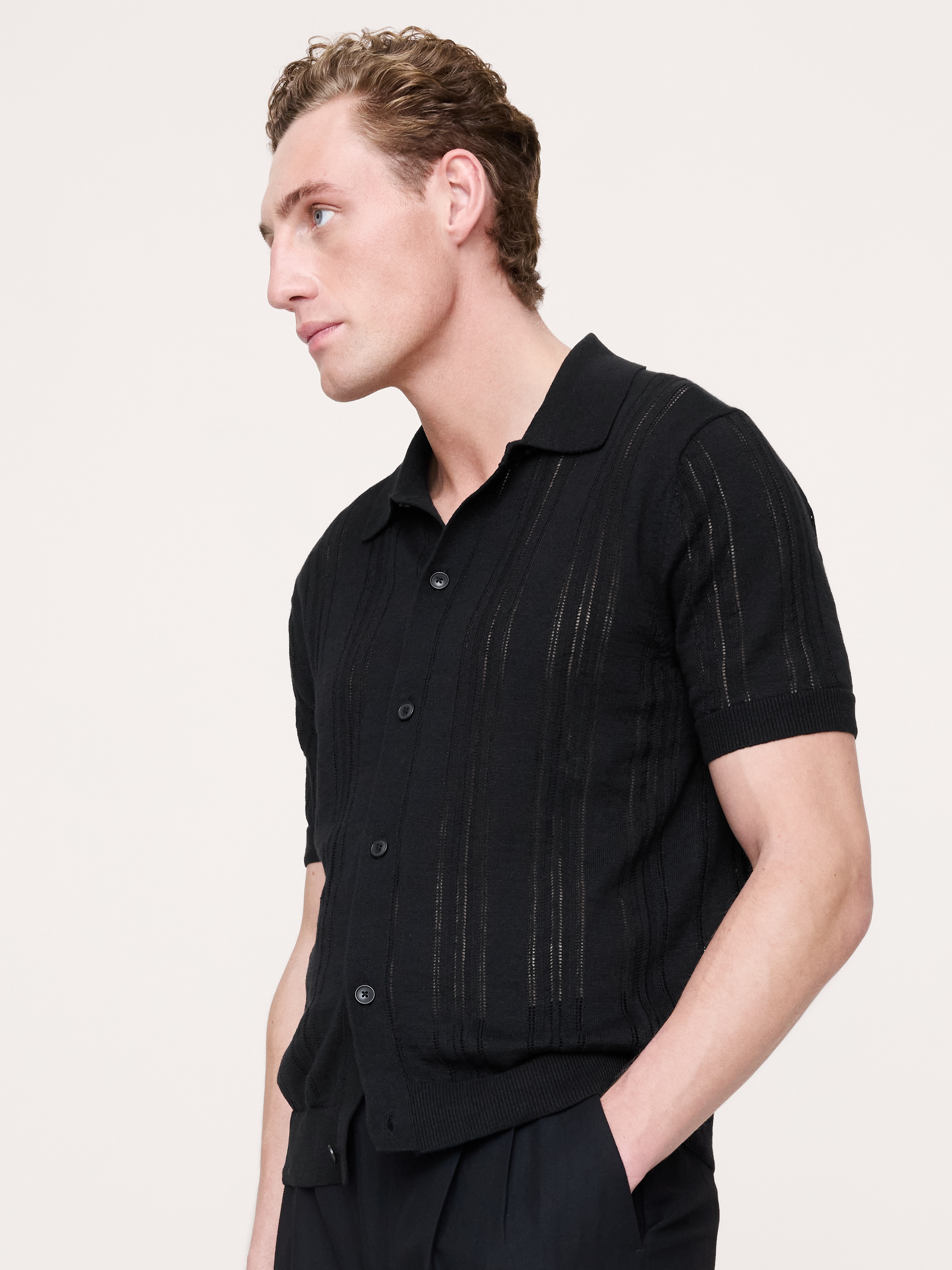 Linen-Cotton Textured Polo Cardigan