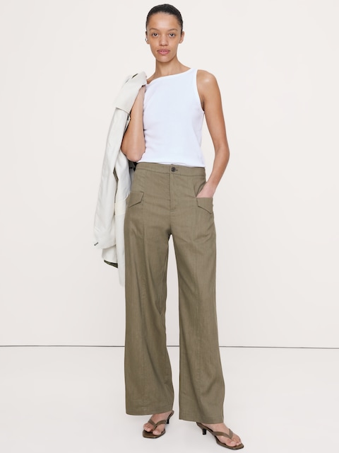 High-Rise Straight Utility Pant in Stretch Linen-Viscose