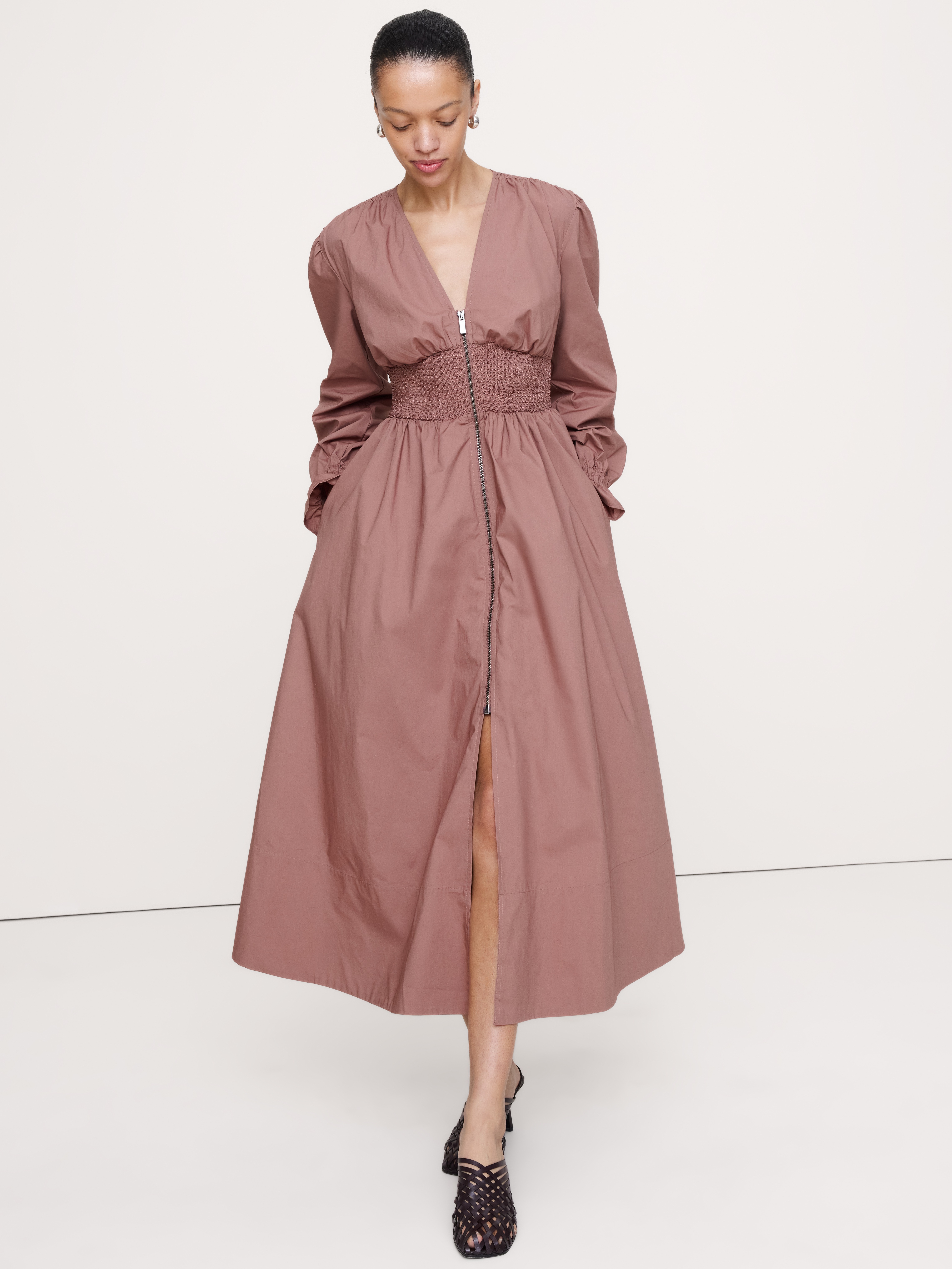 Cotton Poplin Smocked-Waist Maxi Dress