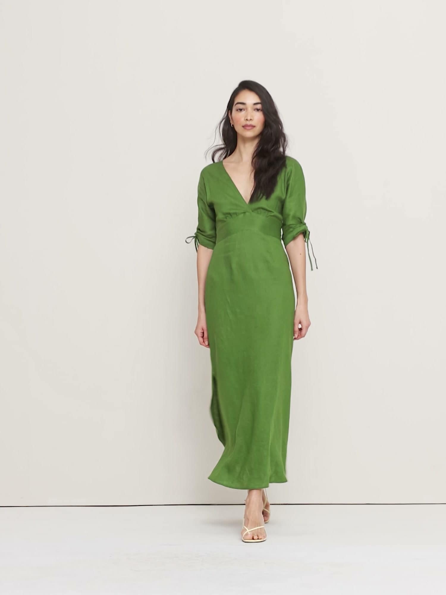 Banana Republic Women's Linen Tie-Sleeve Midi Dress Cactus Grove Green Size 4
