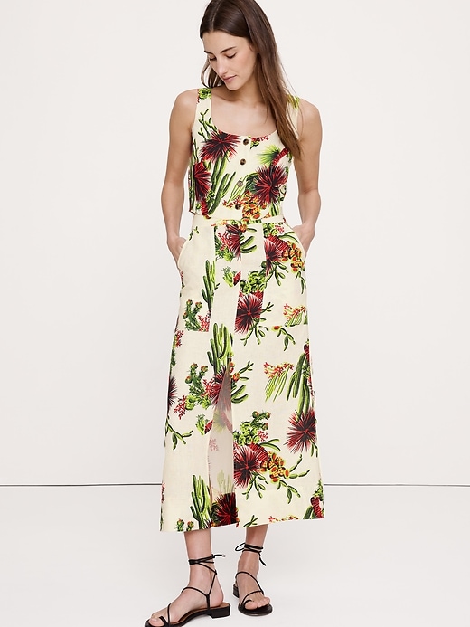 Linen Front-Slit Midi Skirt