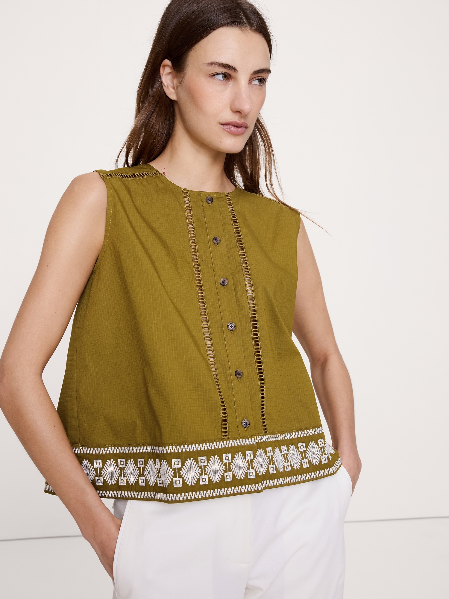 Image number 1 showing, Embroidered Stretch-Cotton Tank