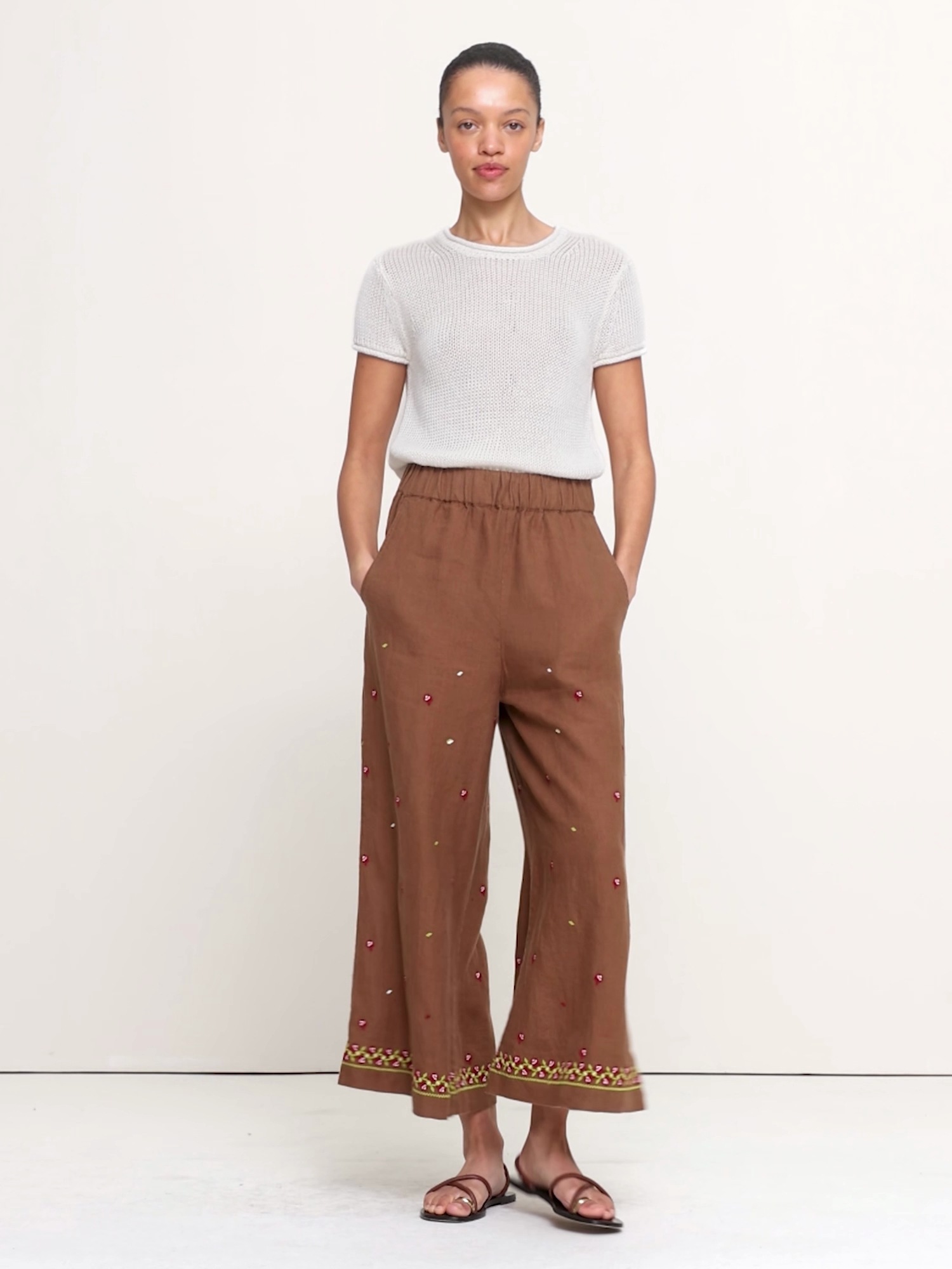 Женские брюки Banana Republic The Pull-On Wide-Leg Ankle Pant in Embroidered Linen, цвет: Красный с принтом — фото 5