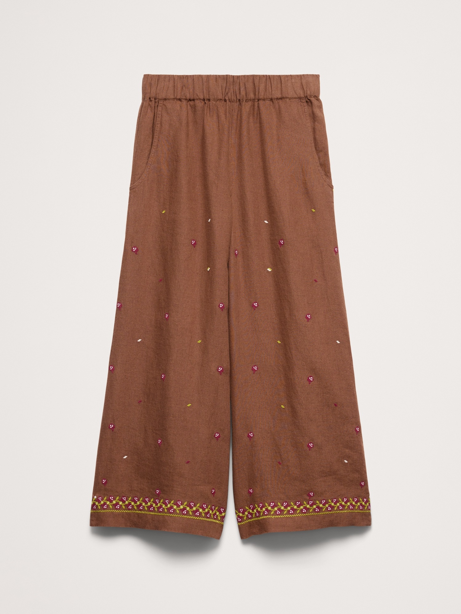 Женские брюки Banana Republic The Pull-On Wide-Leg Ankle Pant in Embroidered Linen, цвет: Красный с принтом — фото 4