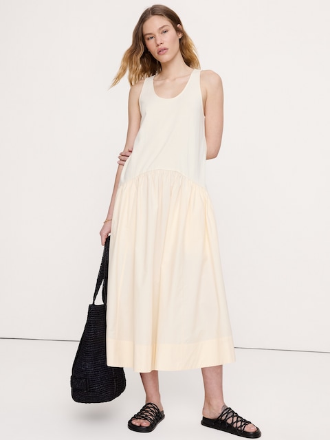Cotton Poplin + Jersey Midi Dress - Merengue Off