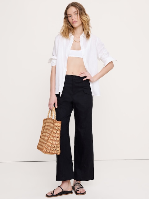 High-Rise Straight Utility Pant in Stretch Linen-Viscose