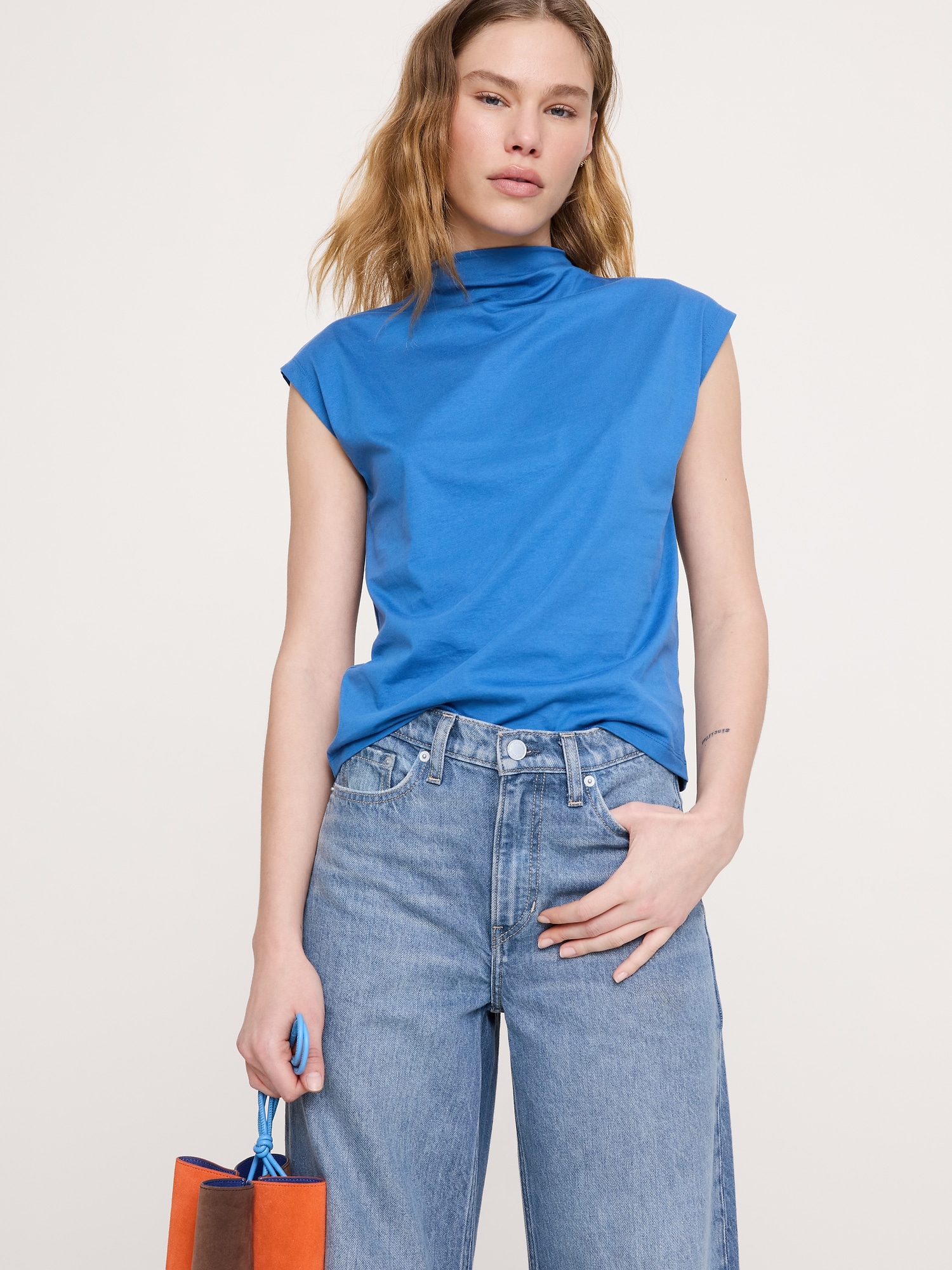Image number 1 showing, Silky Cotton Mock-Neck Top