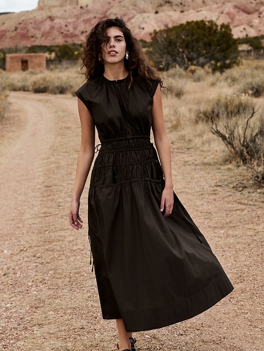 Smocked Cotton Poplin Maxi Dress with Open Back | Banana Republic