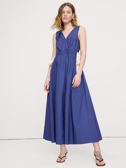 Twisted Shoulder Poplin Maxi Dress