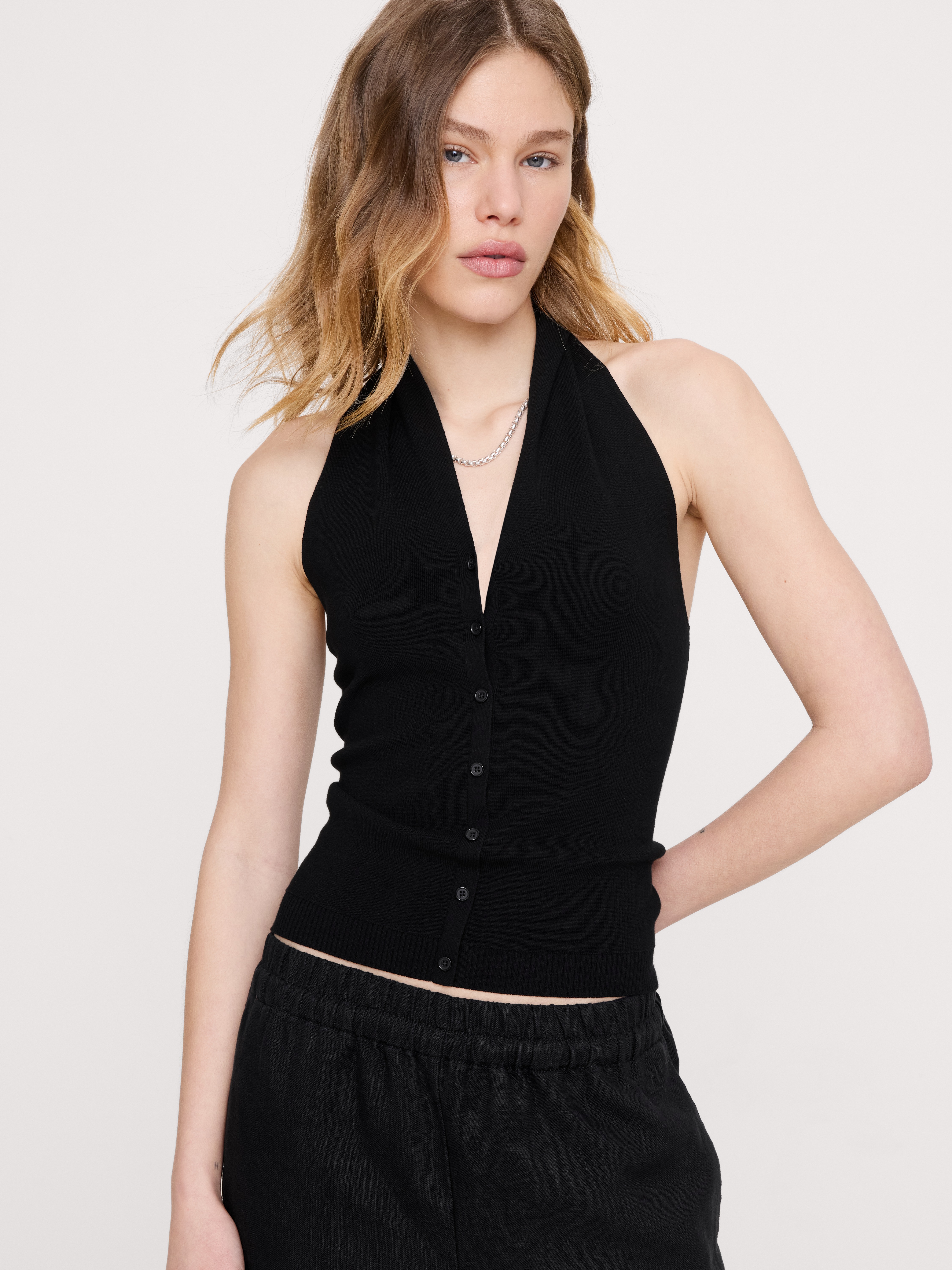 Sculpted Button-Front Halter Top