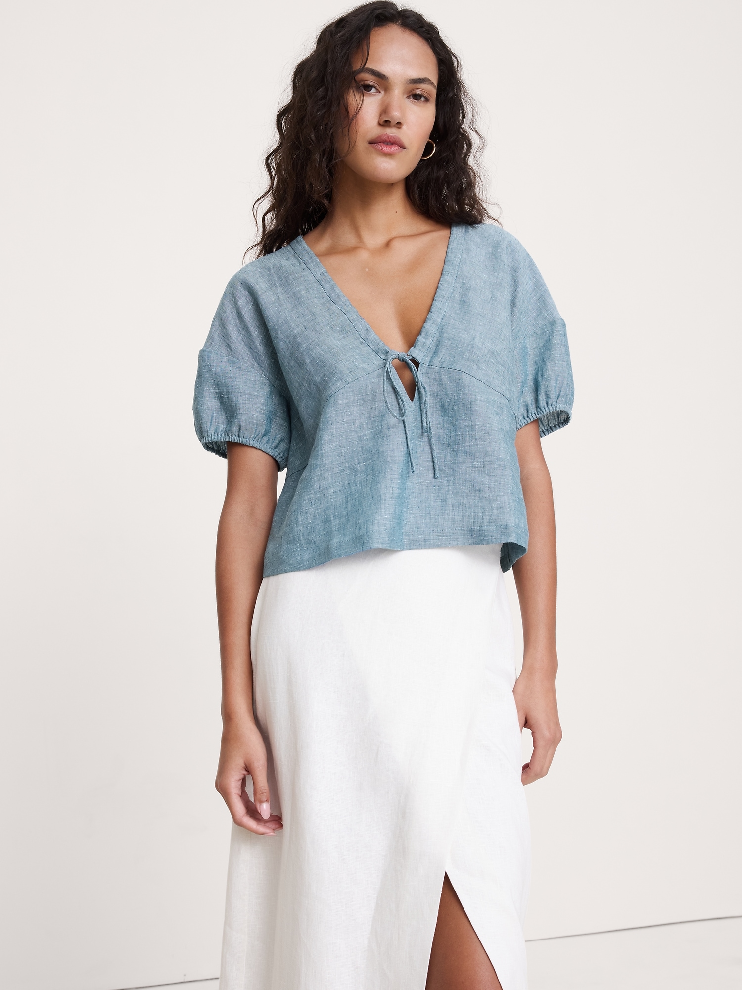 Linen Tie-Front V-Neck Top