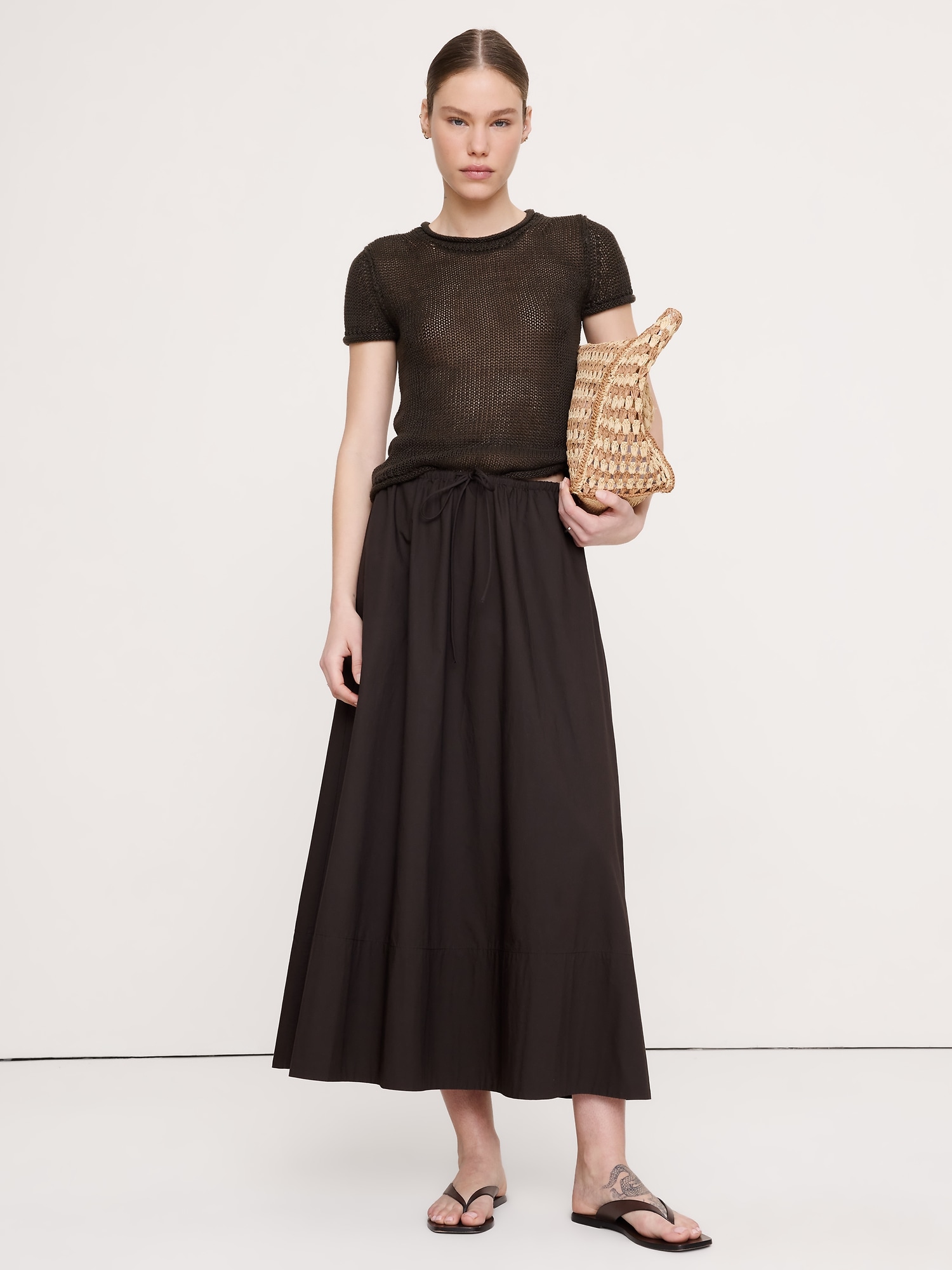 Cotton Poplin Drawstring Maxi Skirt