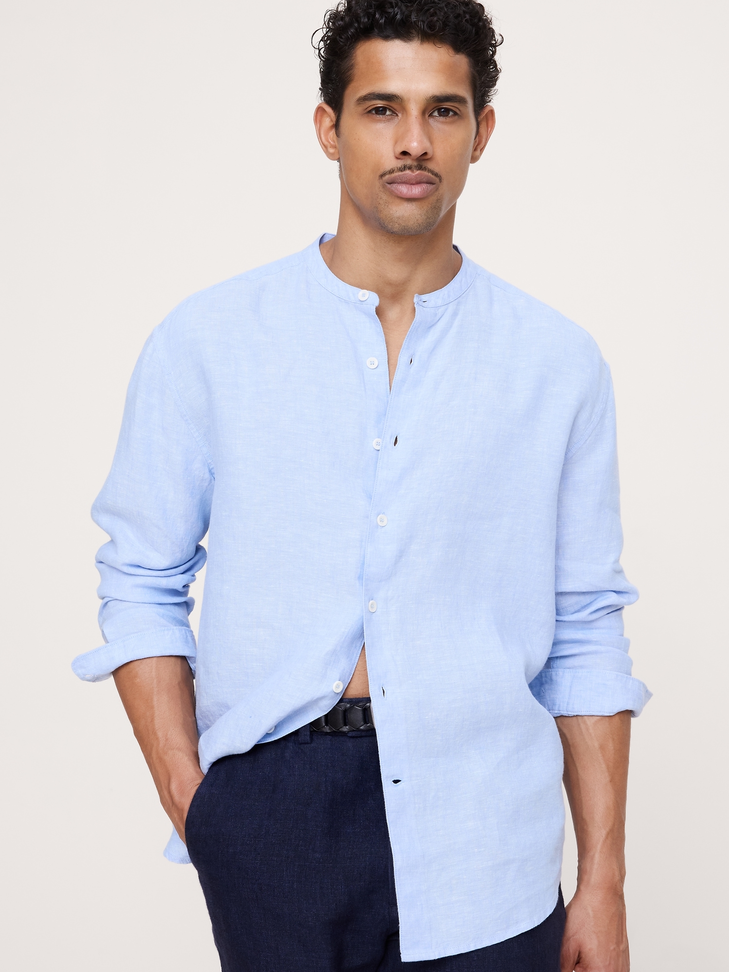 Image number 1 showing, Relaxed-Fit Linen Banded-Collar Shirt