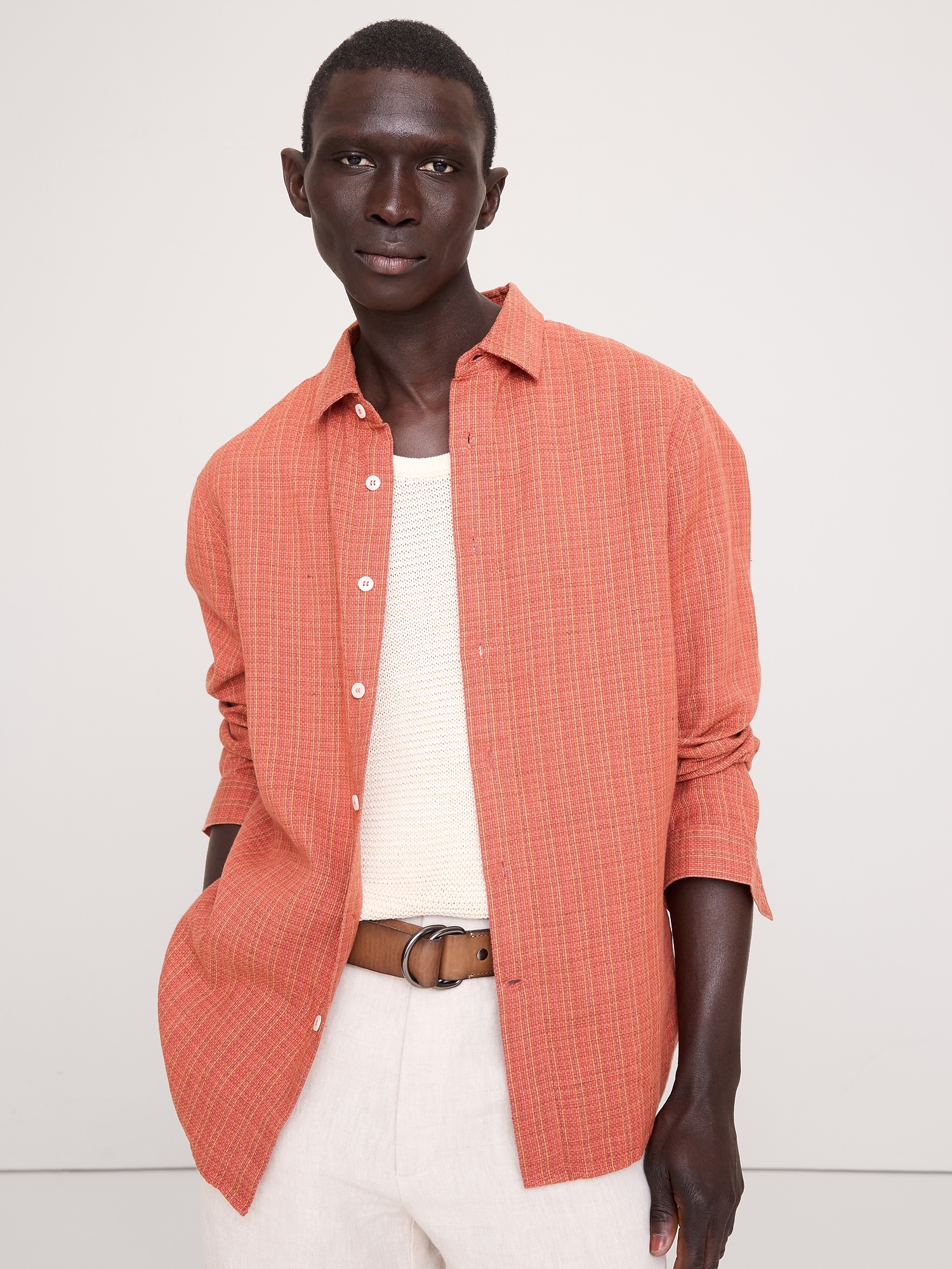 Image number 1 showing, Standard-Fit Textured Linen-Cotton Shirt