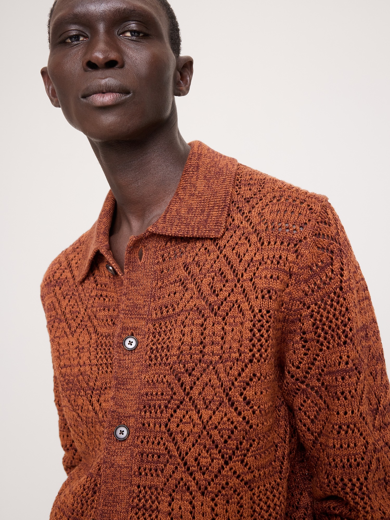 Мужской кардиган Banana Republic Linen-Cotton Textured Polo Cardigan, цвет: Бордовый коричневый — фото 3