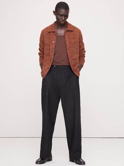 Linen-Cotton Textured Polo Cardigan - Radicchio Burgundy