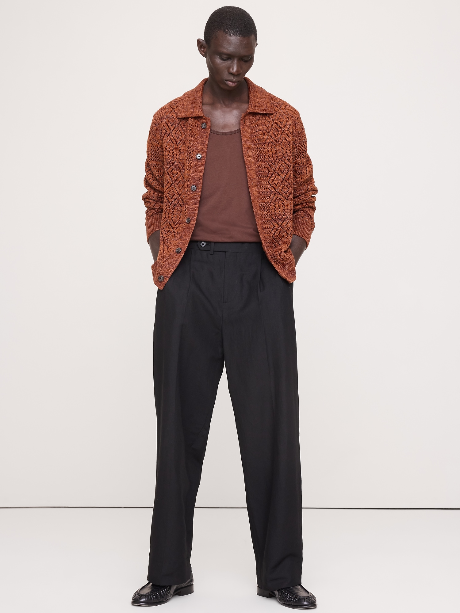 Мужской кардиган Banana Republic Linen-Cotton Textured Polo Cardigan, цвет: Бордовый коричневый