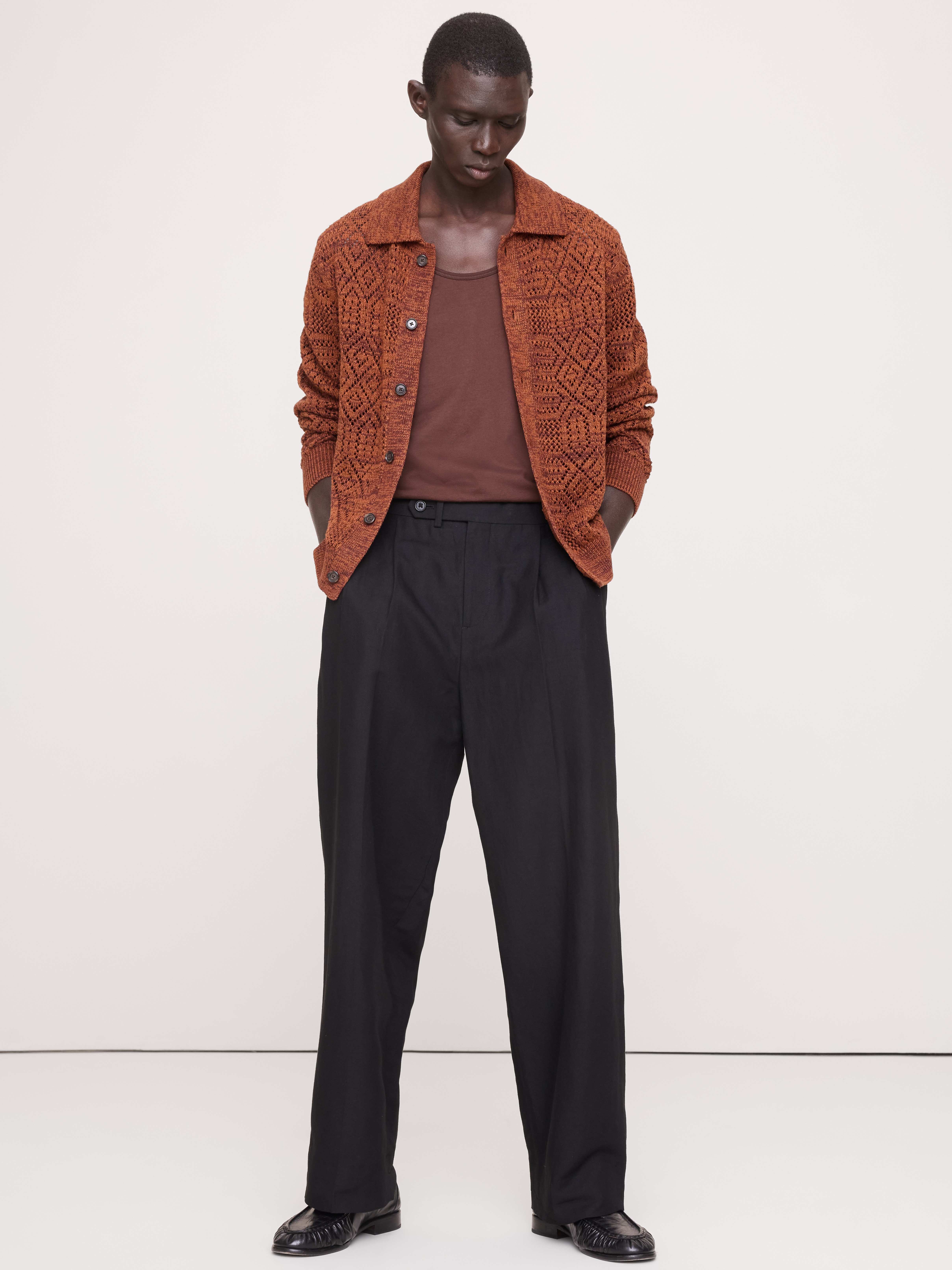 Linen-Cotton Textured Polo Cardigan