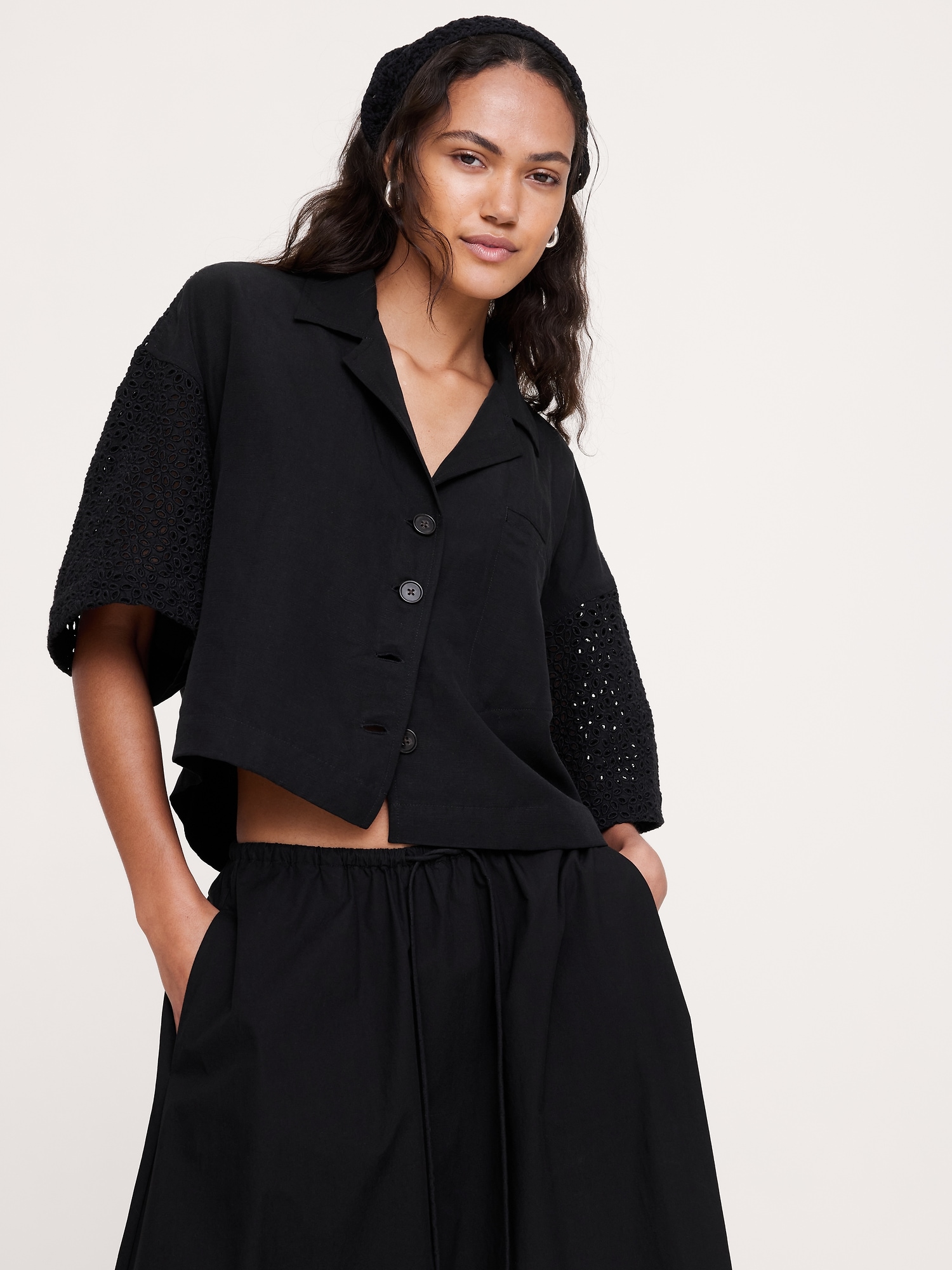Image number 1 showing, Boxy Crop Tencel™-Linen Eyelet Shirt