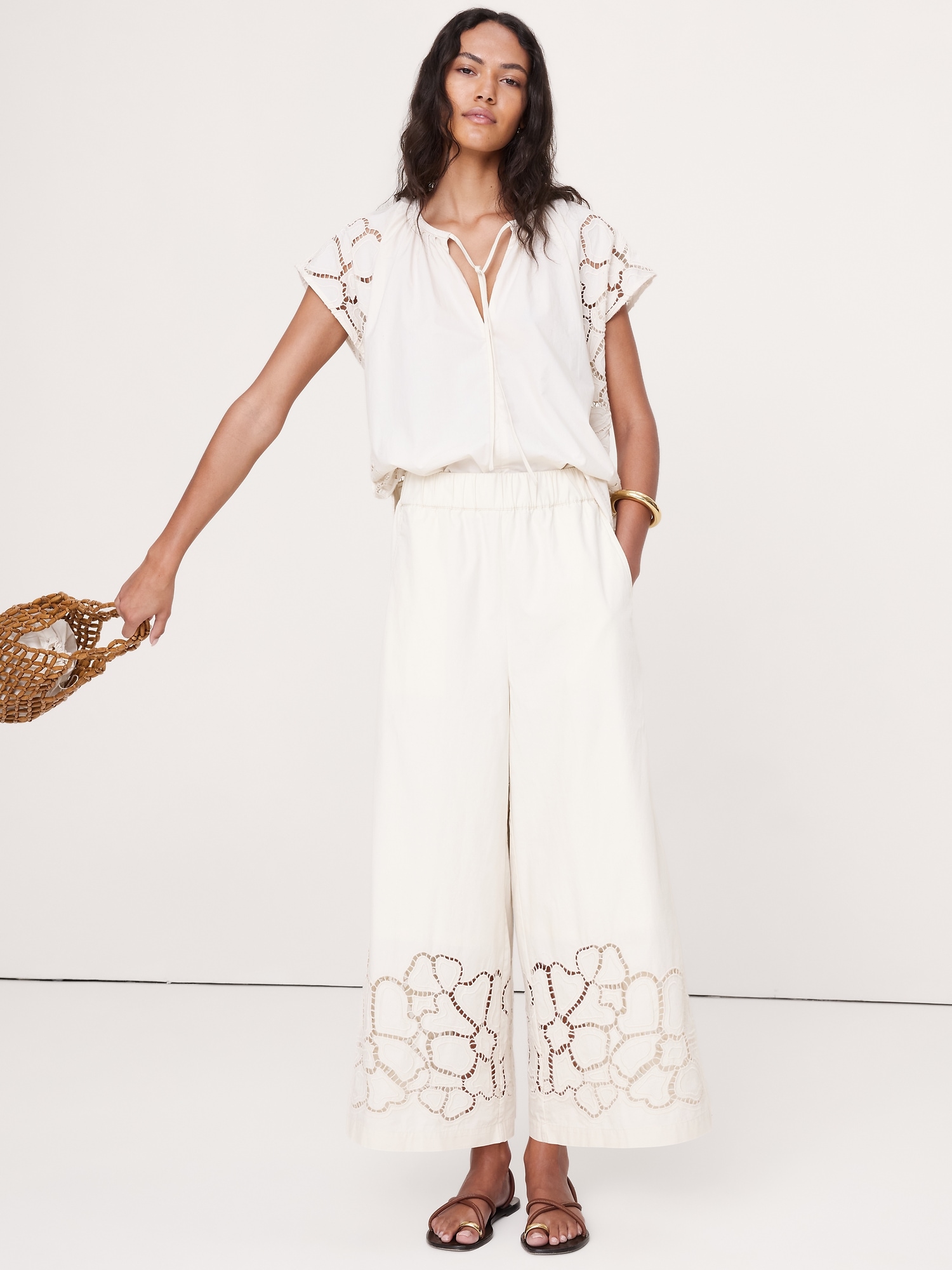 The Pull-On Wide-Leg Ankle Pant in Embroidered Poplin