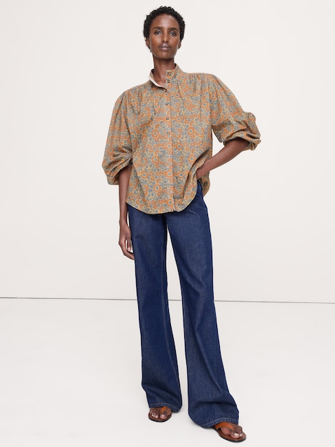 Lightweight Cotton Ruched-Shoulder Shirt