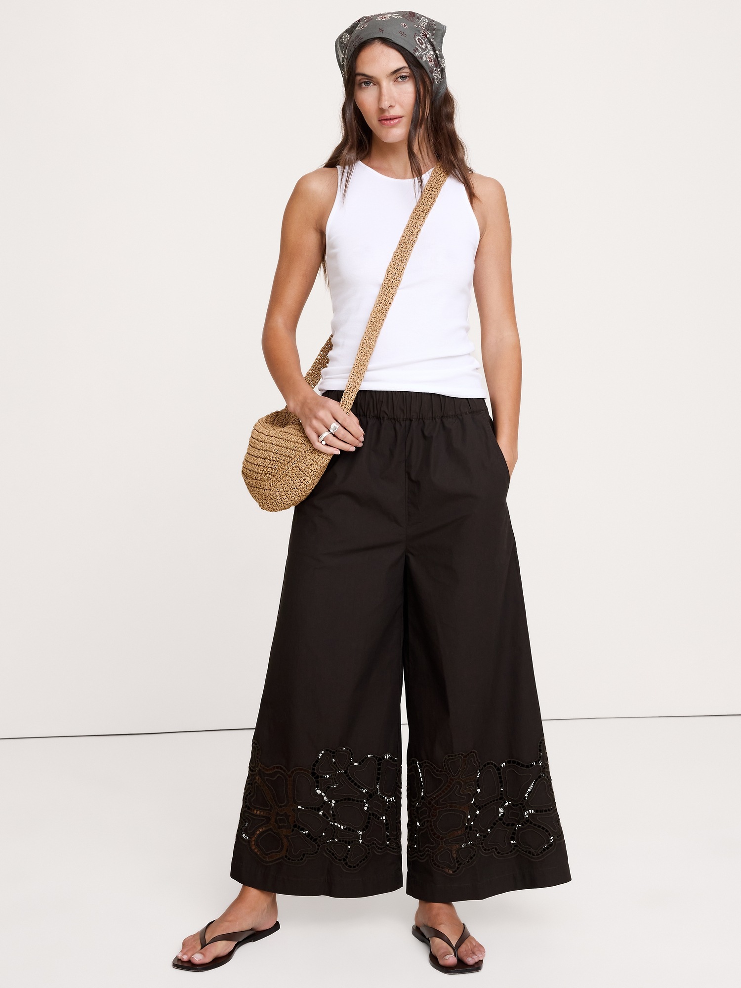 Женские брюки Banana Republic The Pull-On Wide-Leg Ankle Pant in Embroidered Poplin, цвет: Коричневый — фото 5