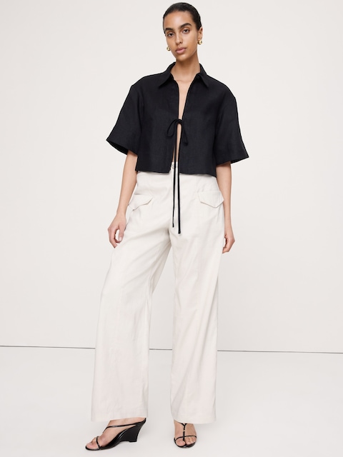 High-Rise Straight Utility Pant in Stretch Linen-Viscose