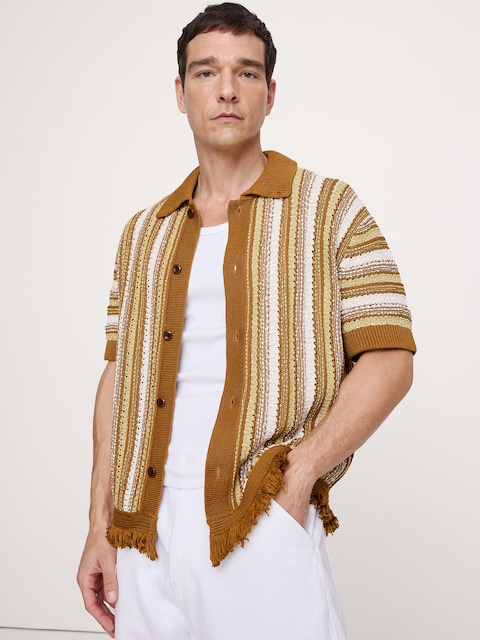 Fringe Cotton Polo Cardigan
