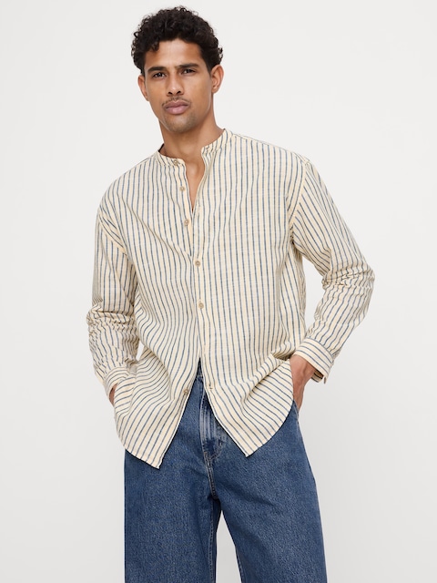 Relaxed-Fit Cotton-Slub Banded-Collar Shirt