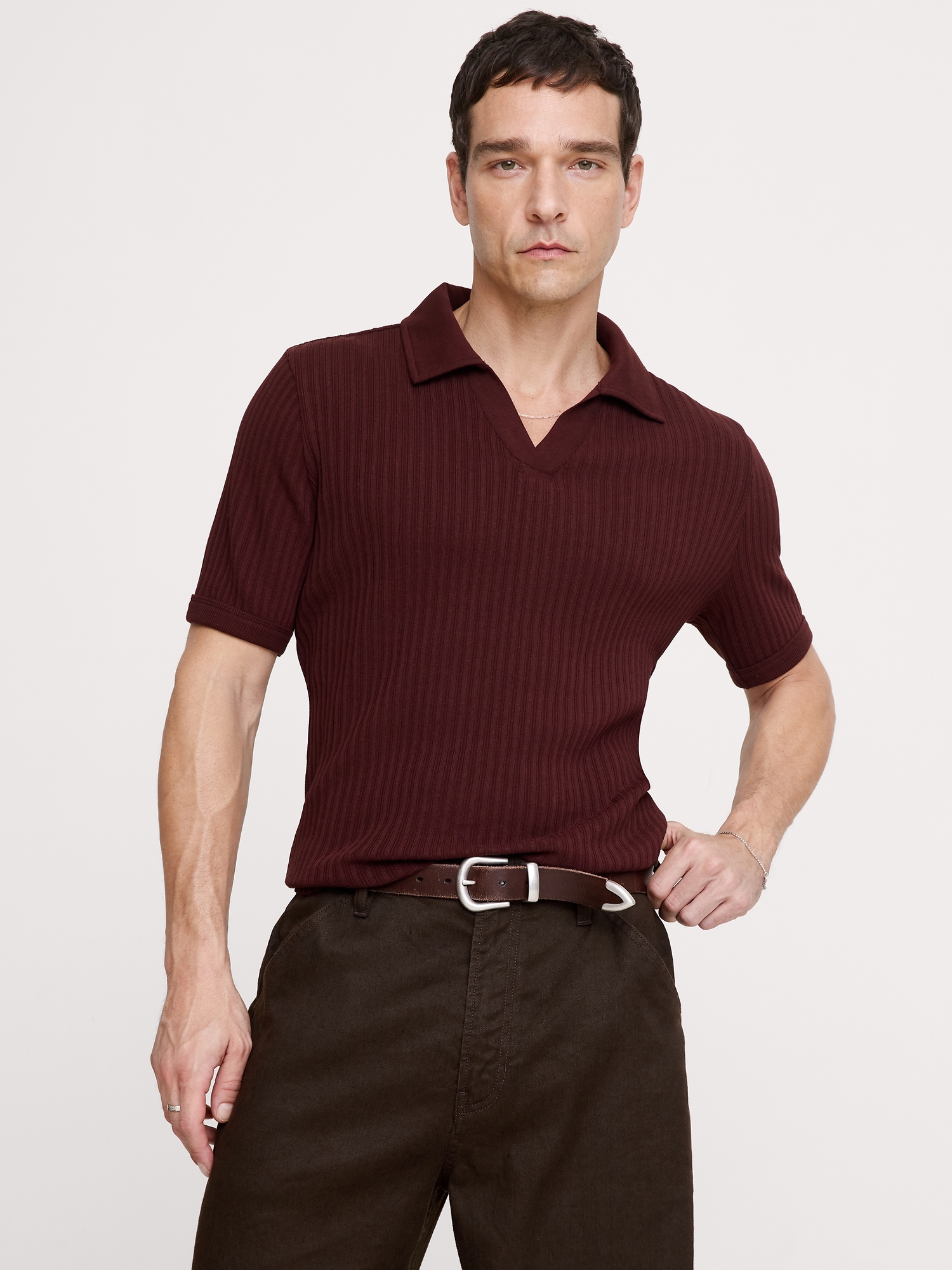 Image number 1 showing, Ribbed Stretch-Cotton Johnny-Collar Polo