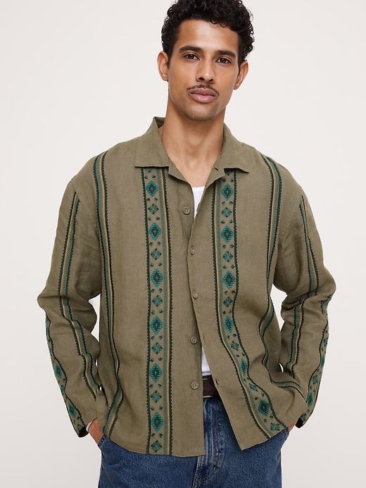 Banana Republic — Relaxed-Fit Embroidered Linen Long-Sleeve Resort Shirt